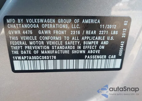 2013 Volkswagen Passat 2.5L S z USA, uszkodzony, nr VIN 1VWAP7A35DC063176